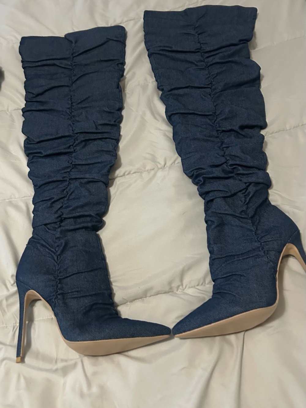 Ruched Navy Over-the-Knee Stiletto Boots
